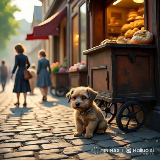 Heartwarming Scene of a Puppy by a Bakery at Dusk – AI Generated Video | Hailuo AI