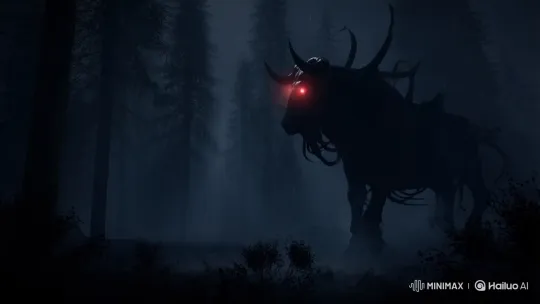 Mysterious Bull-Like Creature with Tentacles Roams Dark Misty Forest – AI Generated Video | Hailuo AI