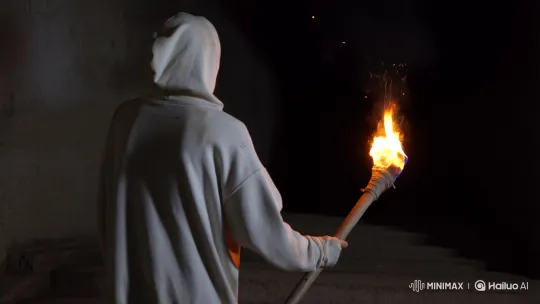 Mysterious Figure Descends with Flaming Torch – AI Generated Video | Hailuo AI