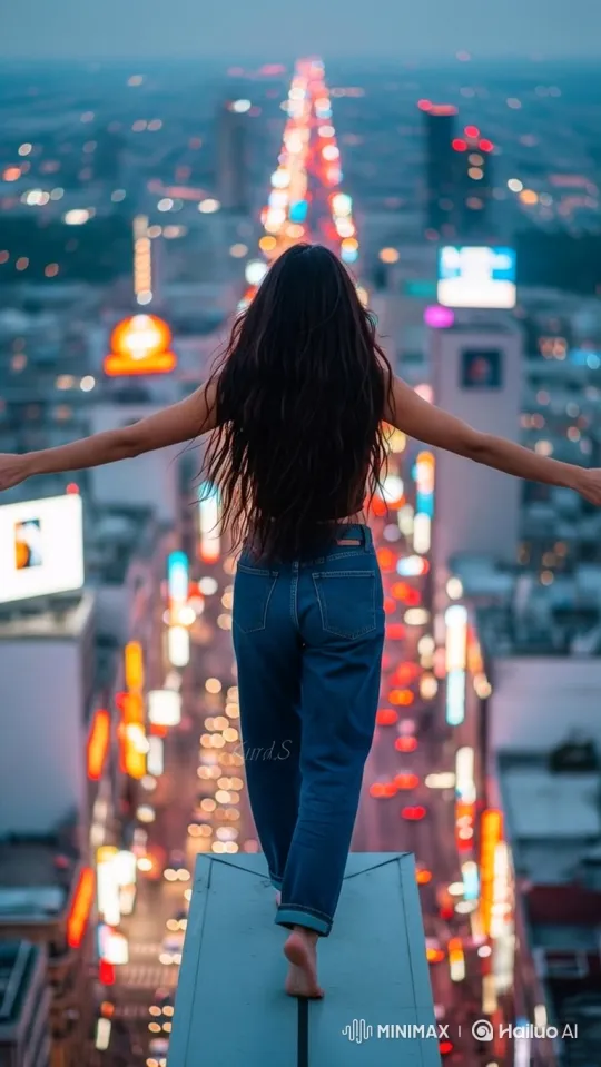 Young Woman Takes Flight with Luminous Wings Over Dusk Cityscape – AI Generated Video | Hailuo AI