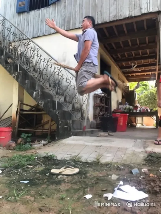 Man Flies on Broomstick Over Neighborhood and Road – AI Generated Video | Hailuo AI