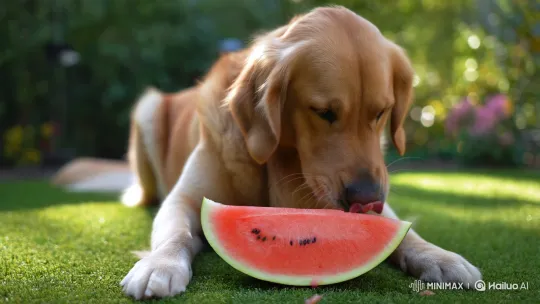 Golden Retriever Joyfully Eating Watermelon on Lawn – AI Generated Video | Hailuo AI