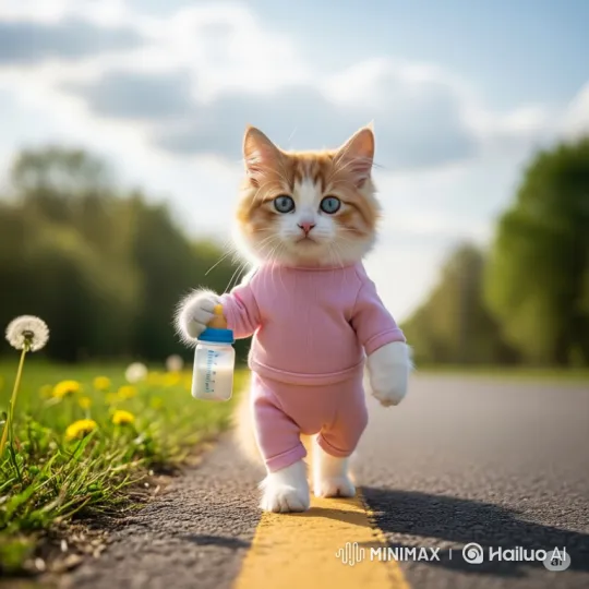 Ginger Kitten Strolls and Drinks on Sunny Road – AI Generated Video | Hailuo AI