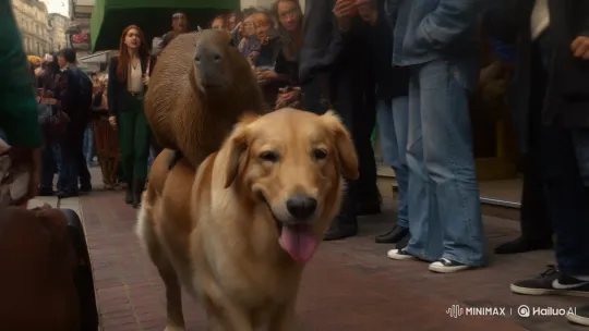 Capybara Joyfully Rides Dog Through Crowded Street – AI Generated Video | Hailuo AI