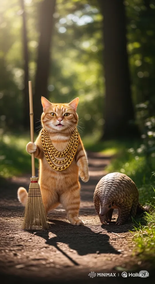 Anthropomorphic Cat and Pangolin Stroll Through Forest – AI Generated Video | Hailuo AI
