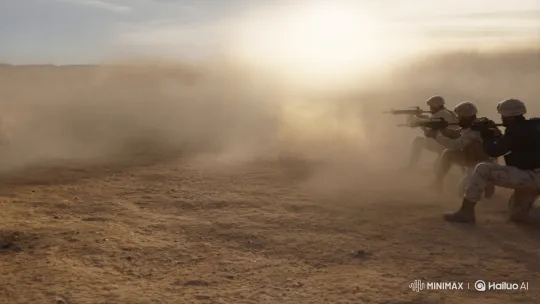 Dramatic Slow-Motion Desert Firefight Between Modern Forces – AI Generated Video | Hailuo AI