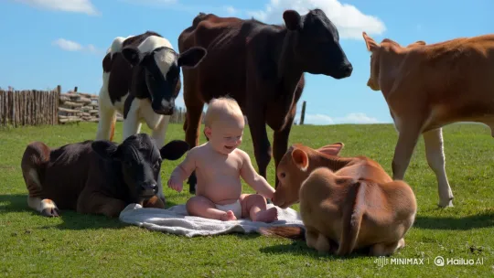 Baby Joyfully Plays with Calves in Pasture – AI Generated Video | Hailuo AI