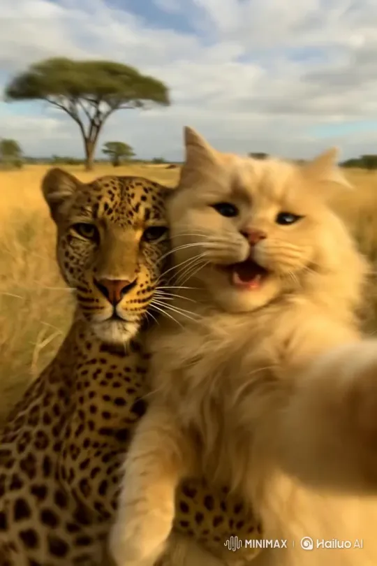 Add Leopard, Create Embrace Scene, Give Cat a Smile – AI Generated Video | Hailuo AI