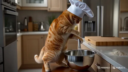 Ginger Tabby Cat Chef Stirs Mix in Kitchen – AI Generated Video | Hailuo AI