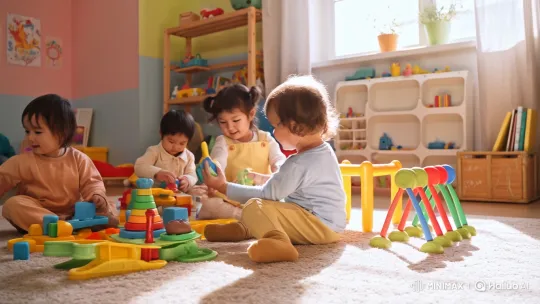 Joyful Toddlers Playing with Educational Toys in a Sunlit Playroom – AI Generated Video | Hailuo AI