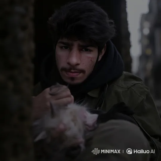 Young Man Cares for Injured Kitten in Desolate Setting – AI Generated Video | Hailuo AI