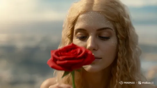 Golden-haired Woman Transforms Rose into Ice Crystal Beauty – AI Generated Video | Hailuo AI