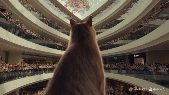 Gigantic Hyperrealistic Cat Stuns Mall with Balloon Shower – AI Generated Video | Hailuo AI