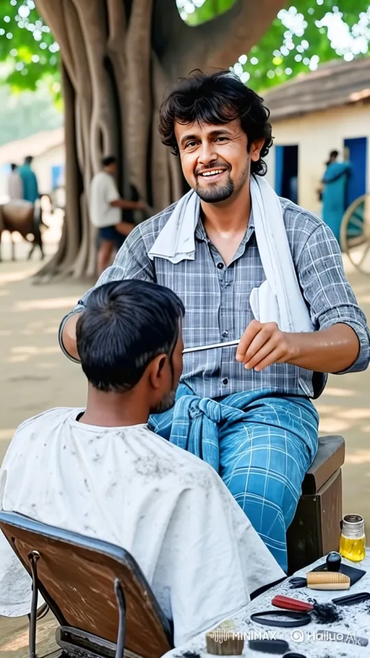 Sonu Nigam-Like Singer Gives a Haircut in a Village Setting – AI Generated Video | Hailuo AI