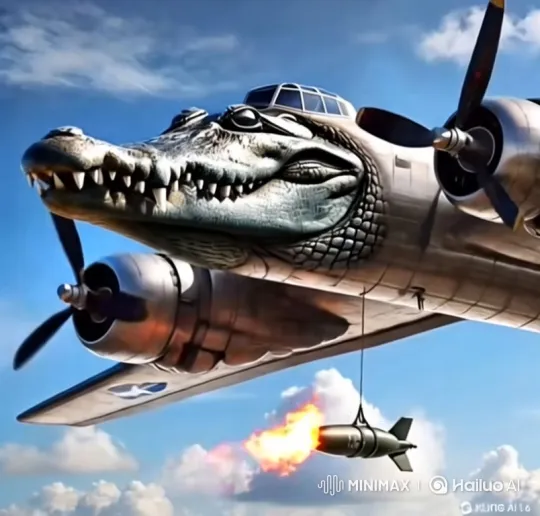 Fantastical Crocodile-Headed Plane Drops Bomb in Slow Motion – AI Generated Video | Hailuo AI