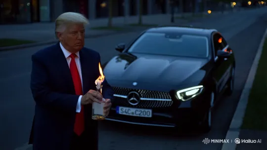 Trump Lookalike Throws Molotov at Mercedes – AI Generated Video | Hailuo AI