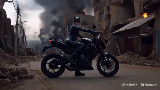 Catwoman Cosplayer Navigates War Zone on Motorcycle – AI Generated Video | Hailuo AI