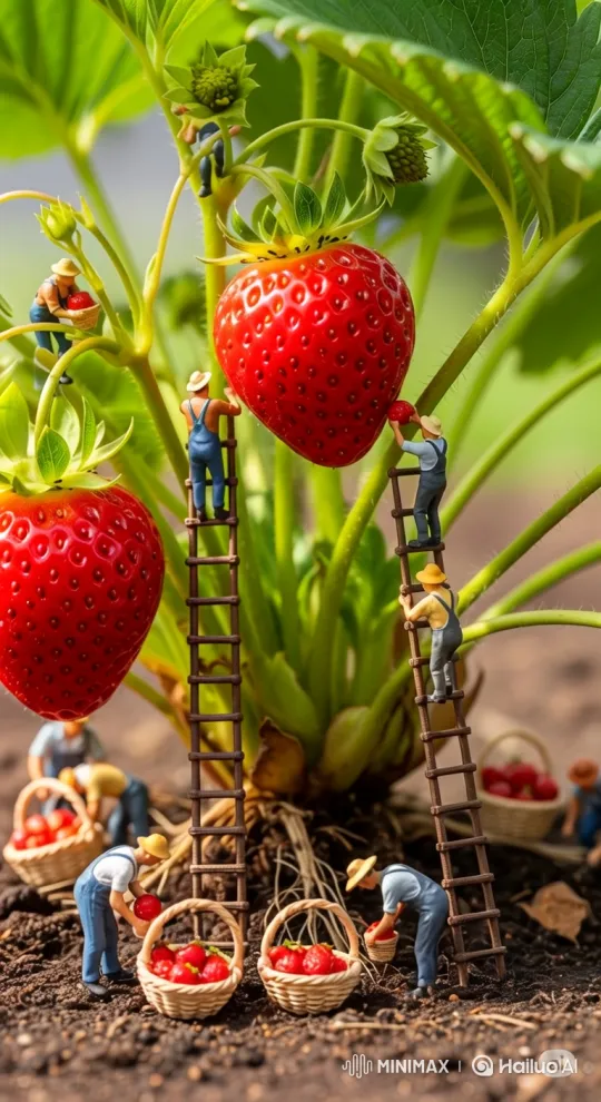 Miniature Farmers Harvest Ripe Strawberries – AI Generated Video | Hailuo AI