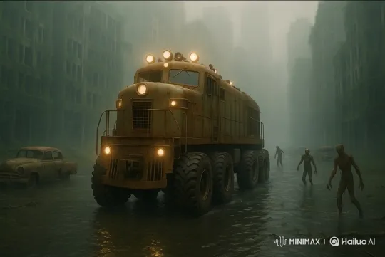Post-Apocalyptic Flooded City with Armored Vehicle and Zombies – AI Generated Video | Hailuo AI