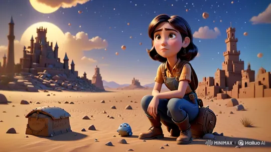 Lalaan's Silent Struggle in Moonlit Desert with Treasure – AI Generated Video | Hailuo AI