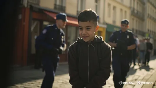Young Boy and Police Officers Walk Down Cobblestone Street – AI Generated Video | Hailuo AI