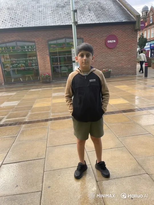 Young Boy in Plaza: From Serious to Content Smile – AI Generated Video | Hailuo AI