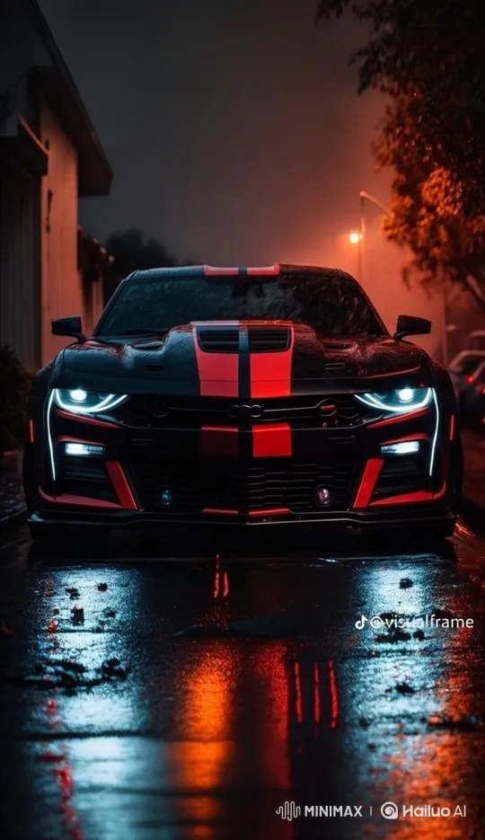Night Rain Reflects on Aggressive Sports Car – AI Generated Video | Hailuo AI