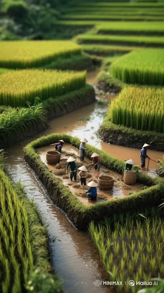 Traditional Rice Harvest in Miniature Terraced Fields – AI Generated Video | Hailuo AI