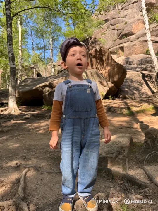 Young Boy Sings with Joy in Forest Setting – AI Generated Video | Hailuo AI