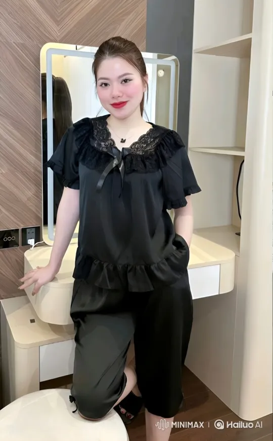 Woman in Pajamas Smooths Outfit in Serene Video – AI Generated Video | Hailuo AI