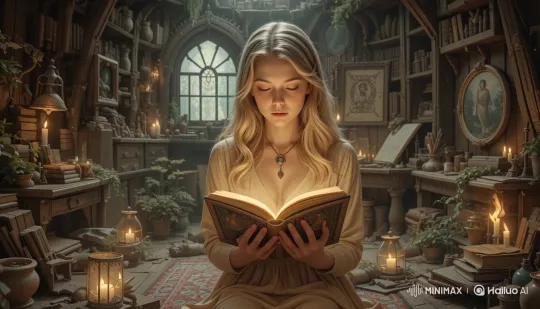 Young Woman Discovers Enchanted Journal in Dusty Attic – AI Generated Video | Hailuo AI