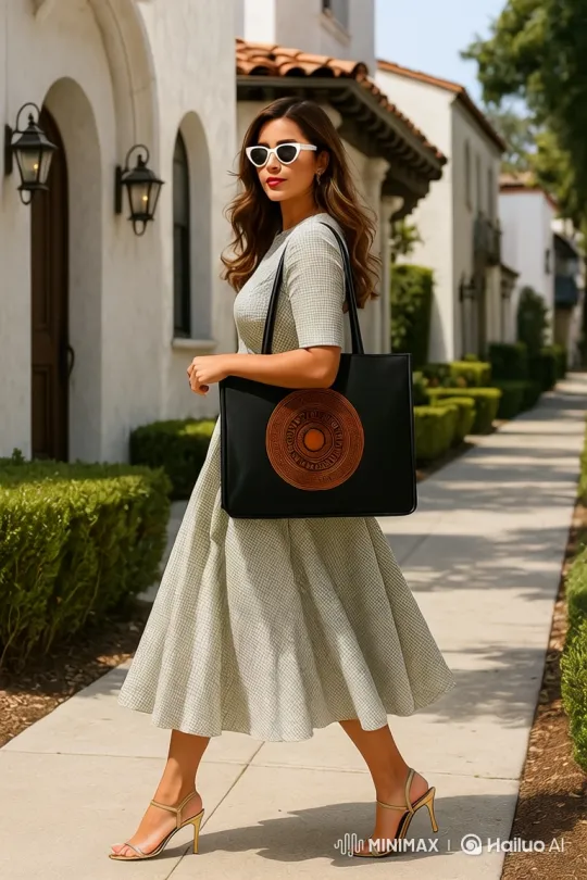 Elegant Woman Showcases Chic Tote on Sunlit Sidewalk – AI Generated Video | Hailuo AI