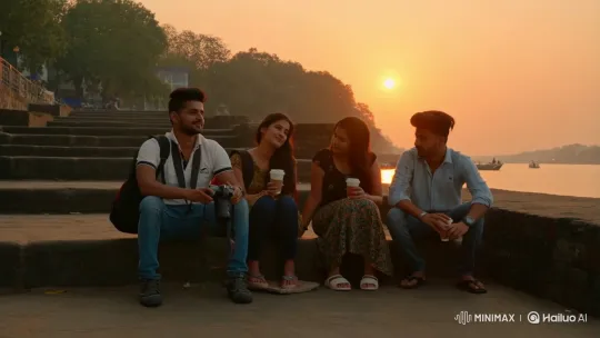 Friends Reflect on Future at Ganges Sunset – AI Generated Video | Hailuo AI