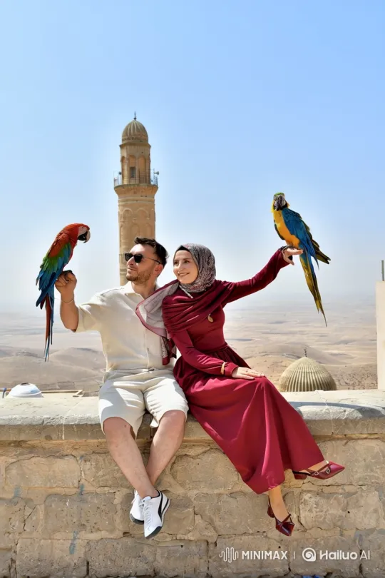 Couple with Macaws Transforms into Family Moment with Baby – AI Generated Video | Hailuo AI