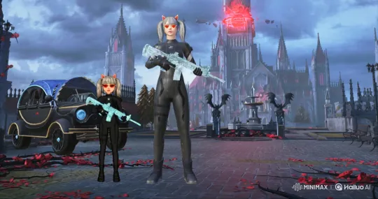 Gothic Courtyard with Female Characters and Cathedral – AI Generated Video | Hailuo AI