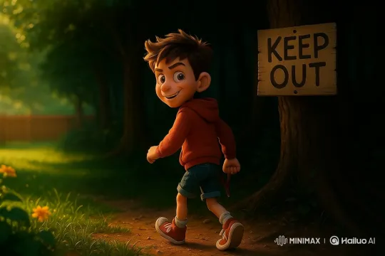 Young Boy Crosses 'KEEP OUT' Boundary Into Forest – AI Generated Video | Hailuo AI