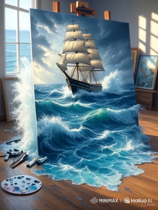 Painting Comes to Life: Ship Emerges from Canvas – AI Generated Video | Hailuo AI