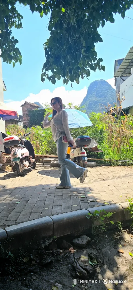 Woman Strolls on Sunny Day with Scenic Mountain View – AI Generated Video | Hailuo AI
