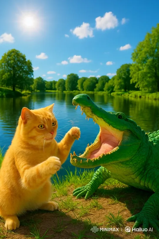 Orange Cat Faces Off Against Alligator at Lake Edge – AI Generated Video | Hailuo AI
