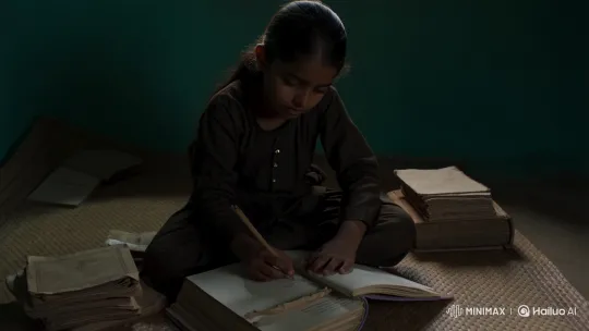 Determined Girl Studies with Broken Pen in Humble Village Home – AI Generated Video | Hailuo AI