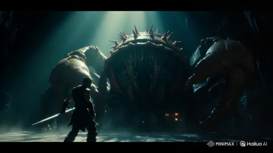 Warrior Defeats Colossal Crab Monster in Damp Cavern – AI Generated Video | Hailuo AI