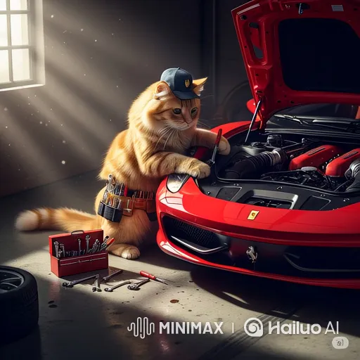 Fluffy Orange Cat Mechanic Works on Red Sports Car – AI Generated Video | Hailuo AI