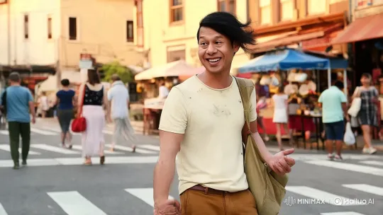 Asian Young Man Enthusiastically Navigates Bustling City Street – AI Generated Video | Hailuo AI