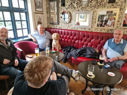 Traditional Pub Scene: Cozy Group and Golden Retriever Companionship – AI Generated Video | Hailuo AI