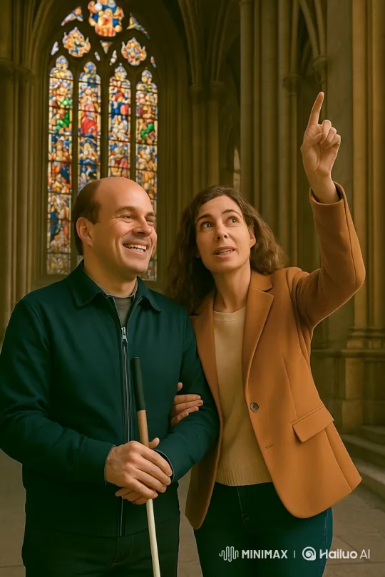 Blind Man and His Wife Share a Moment of Laughter in a Cathedral – AI Generated Video | Hailuo AI