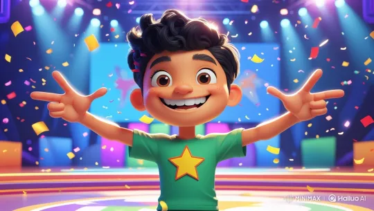 Cheerful Boy Celebrates with Animated Text on Colorful Stage – AI Generated Video | Hailuo AI