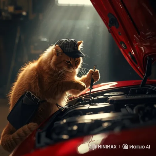 Orange Cat Mechanic Works on Red Car Engine – AI Generated Video | Hailuo AI
