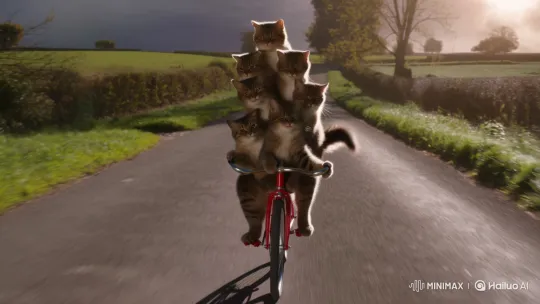 Fluffy Cats Joyfully Ride Bicycle Down Countryside Road – AI Generated Video | Hailuo AI