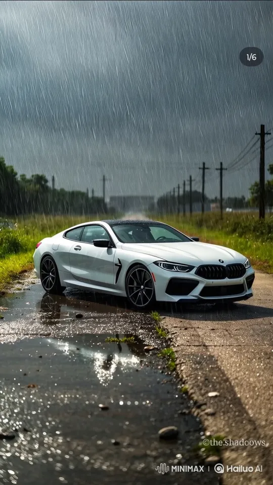 Luxury BMW Navigates Through Heavy Rainfall in Moody Cinematography – AI Generated Video | Hailuo AI