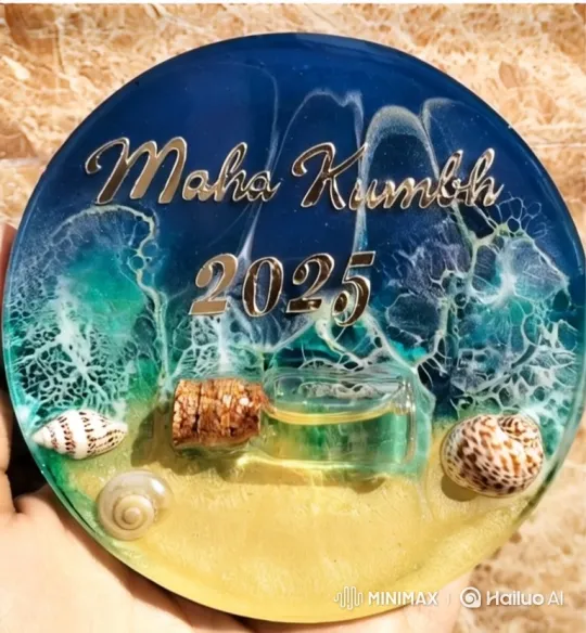 Circular Resin Art Piece: Maha Kumbh 2025 Beach Scene – AI Generated Video | Hailuo AI